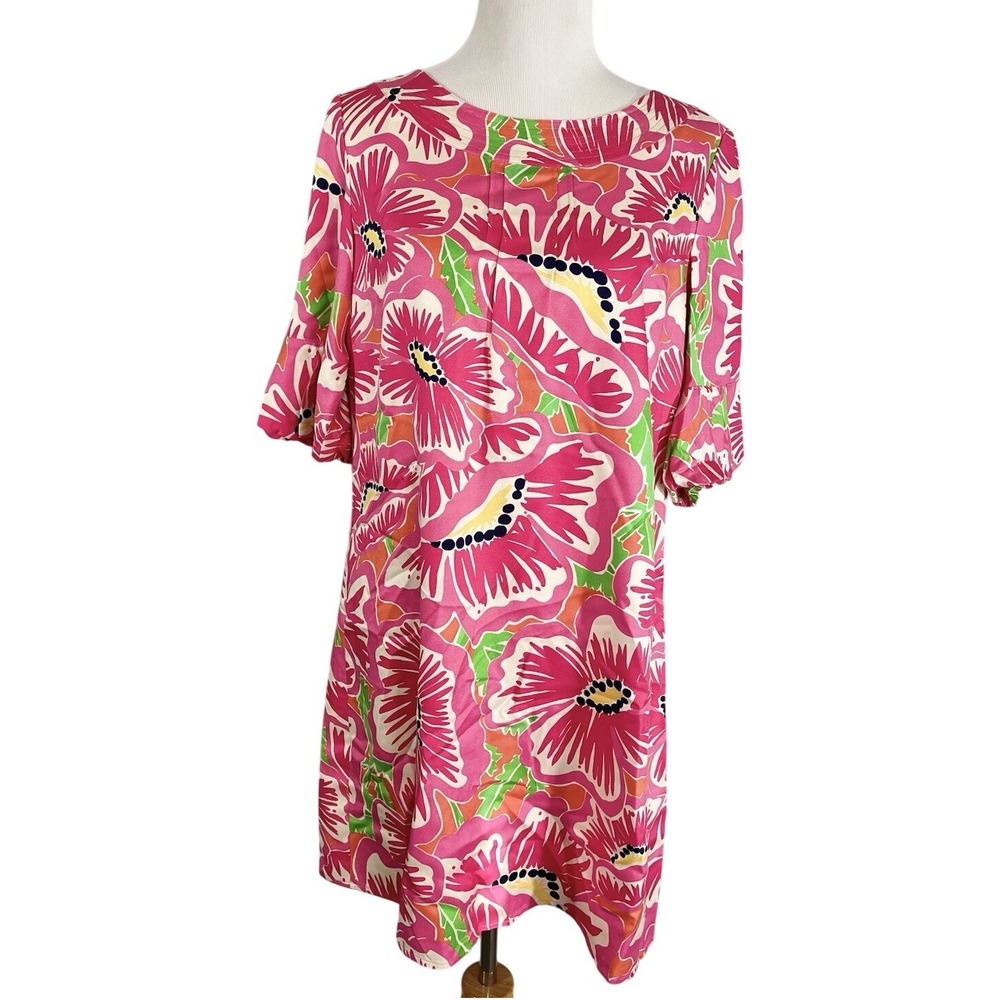 Lilly Pulitzer Dasha Dress Size 12 Retired "Multi With A Splash" Print Pink Silk